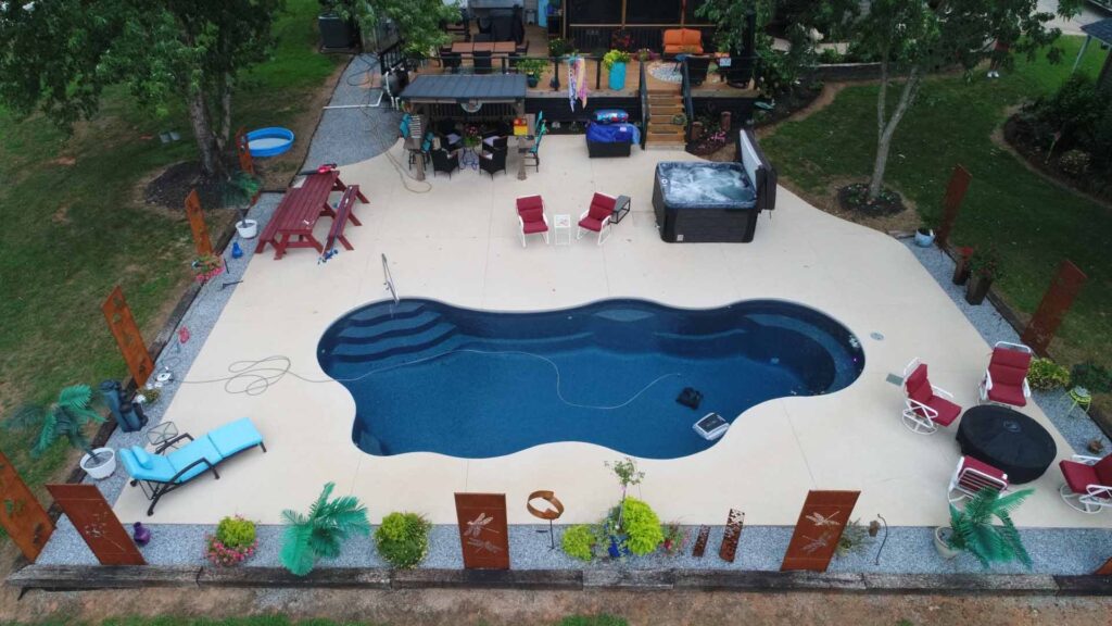 A custom fiberglass pool shown from above. It was installed by Dickson Family Pools & More.