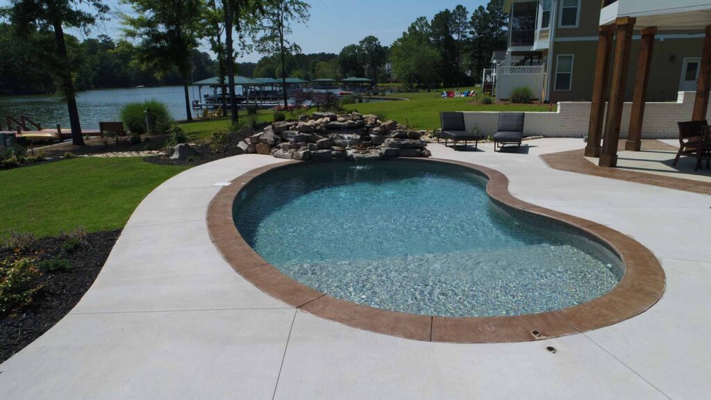 A curved fiberglass pool from Dickson Family Pools & More
