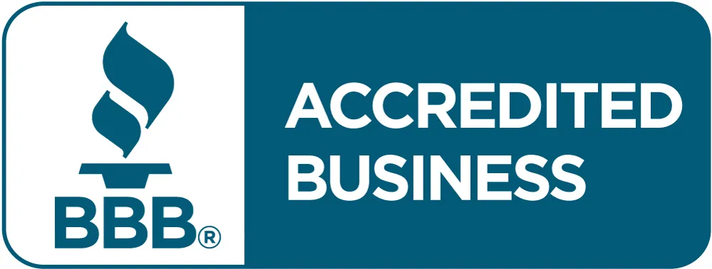BBB Accredited Business badge: blue rectangle with BBB logo on left and 'ACCREDITED BUSINESS' text on the right.
