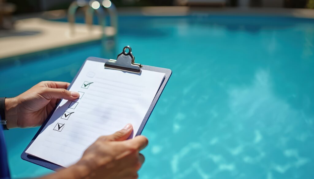 Person holding a clipboard with a checklist beside a turquoise pool, several checkboxes checked.