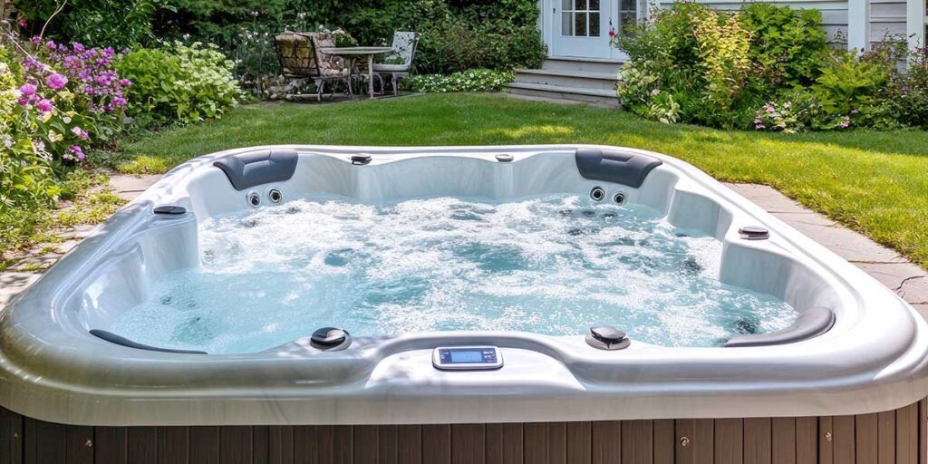 A modern outdoor hot tub with bubbling water installed in a lush backyard garden, featured in a buying guide.